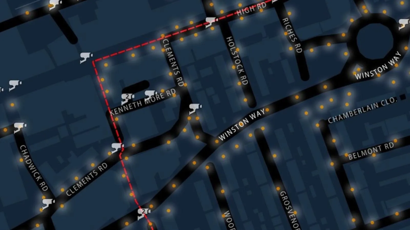 Mapping highlighting a safe walking route as well as additional monitored paths with CCTV and well-lit areas.