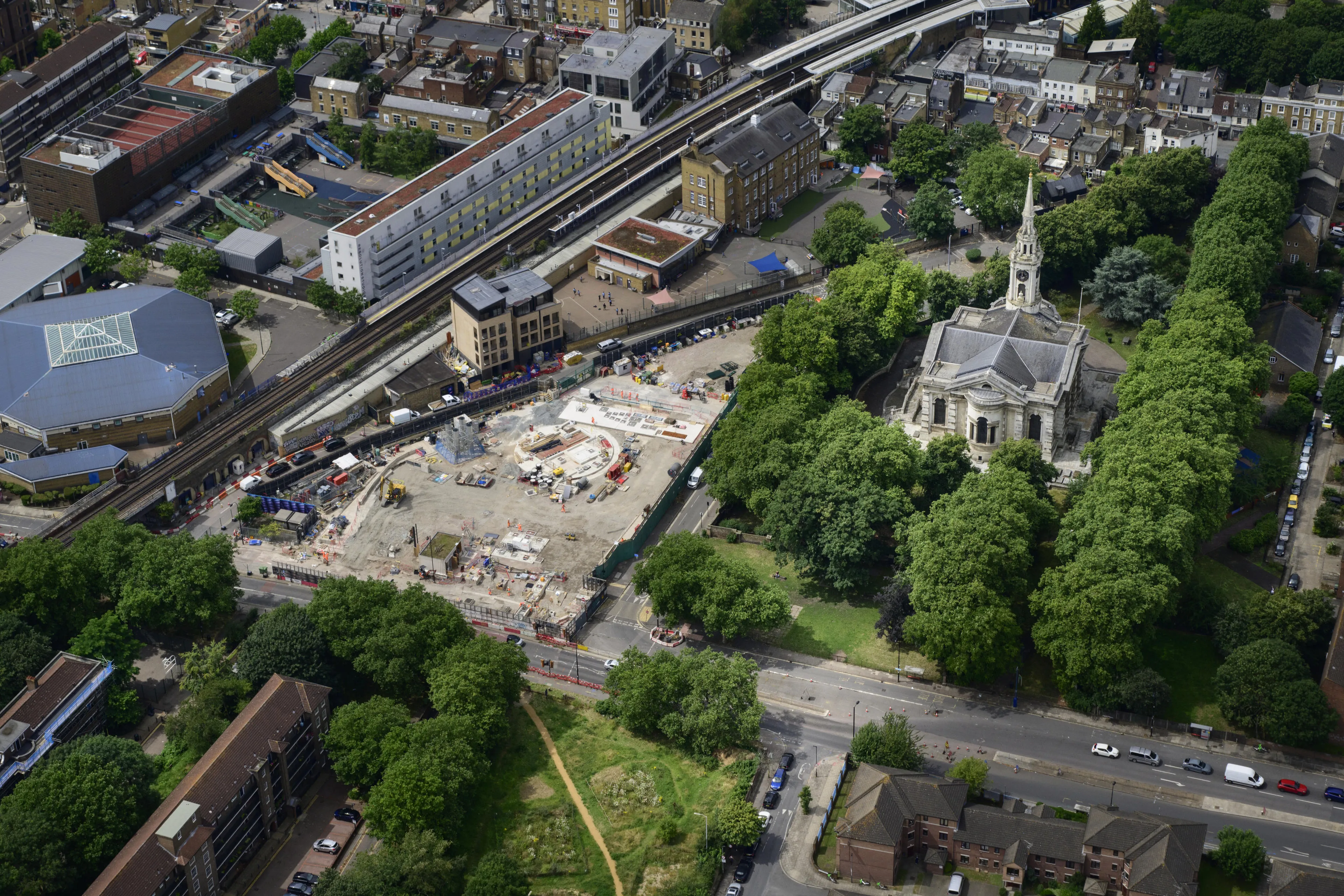 An aerial image of Tideway tunnel construction