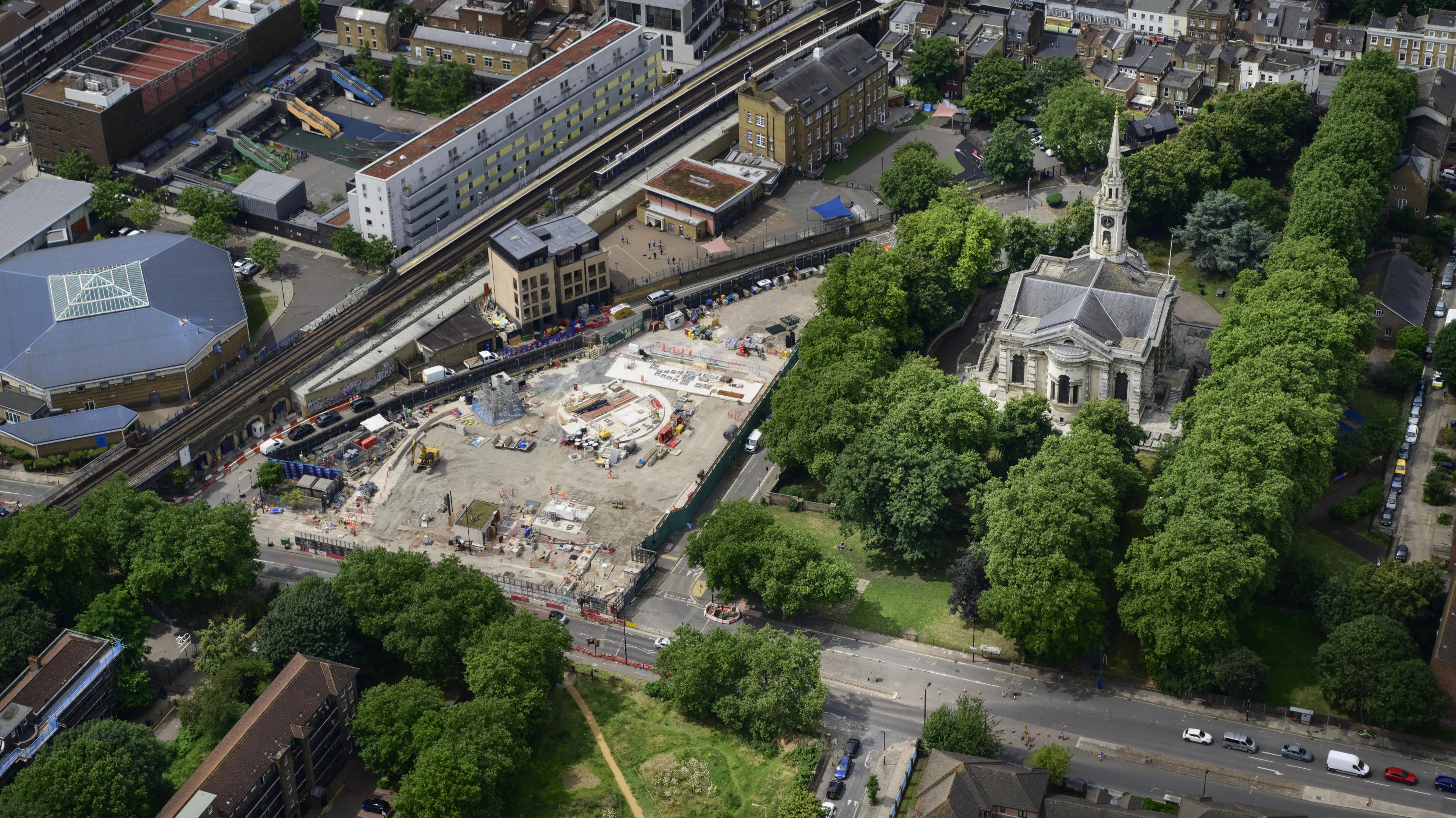 An aerial image of Tideway tunnel construction