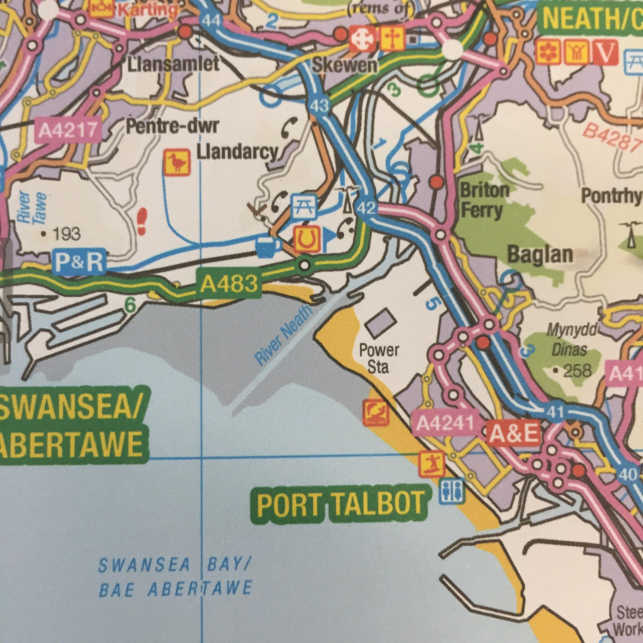 Close up of map of Port Talbot, Wales