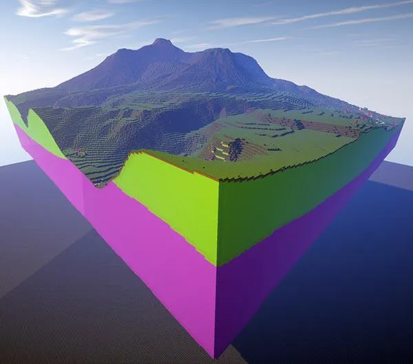 A cutaway map of Ingleborough rendered in Minecraft