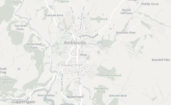 Low-contrast map of Ambleside in very muted, grey tones.