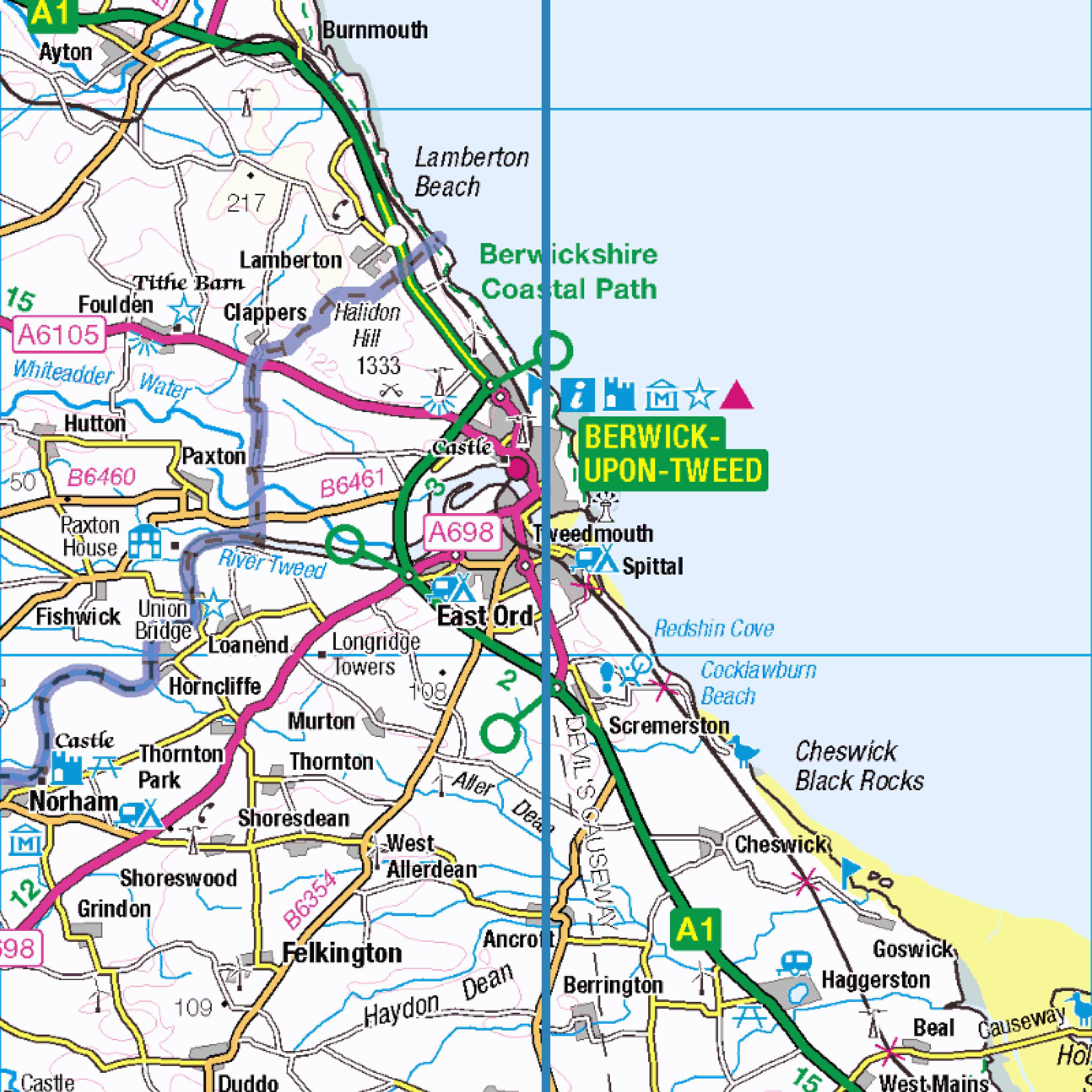 Map showing the triple alignment cutting through Berwick-upon-Tweed.
