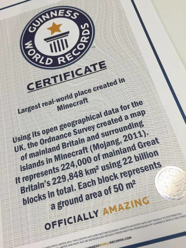 Certificate for largest real-world place created in Minecraft