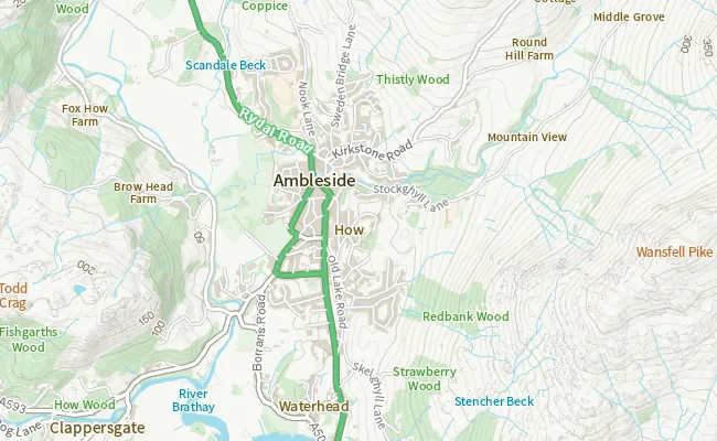 Map of Ambleside with a focus on greenspaces nearby.