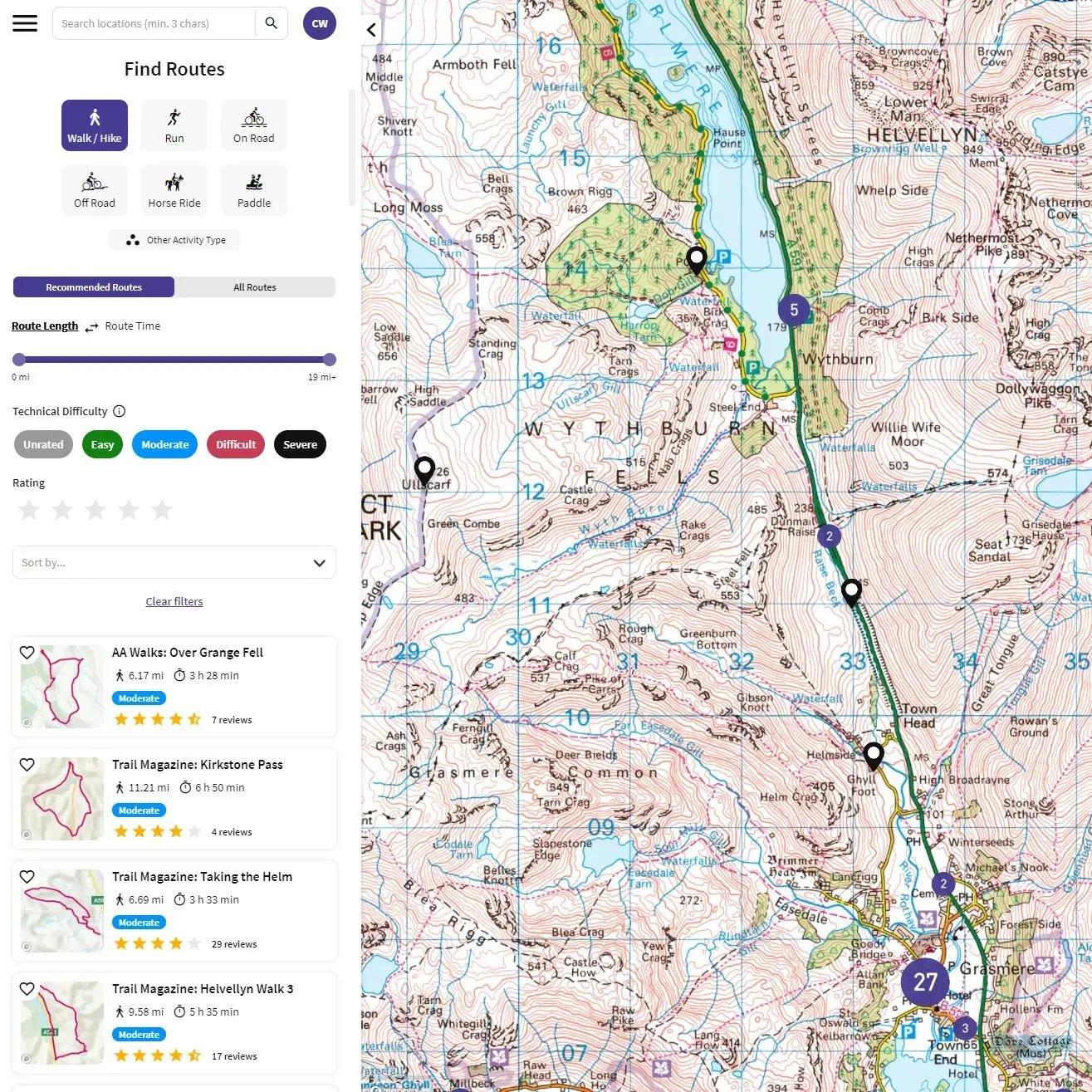 Find Routes in OS Maps showing recommended routes