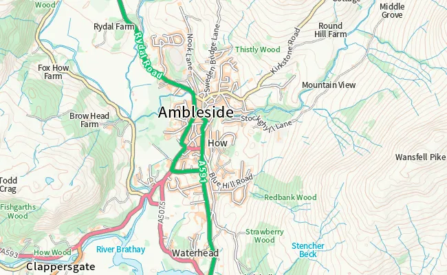 Map of Ambleside, with A591 in green and A5075 in red.