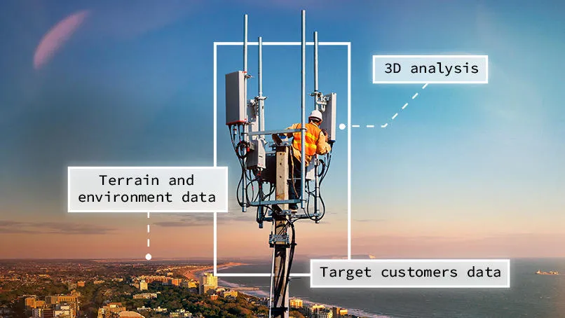 Mast annotated with 3D analysis, Terrain and environment data, and Target customers data