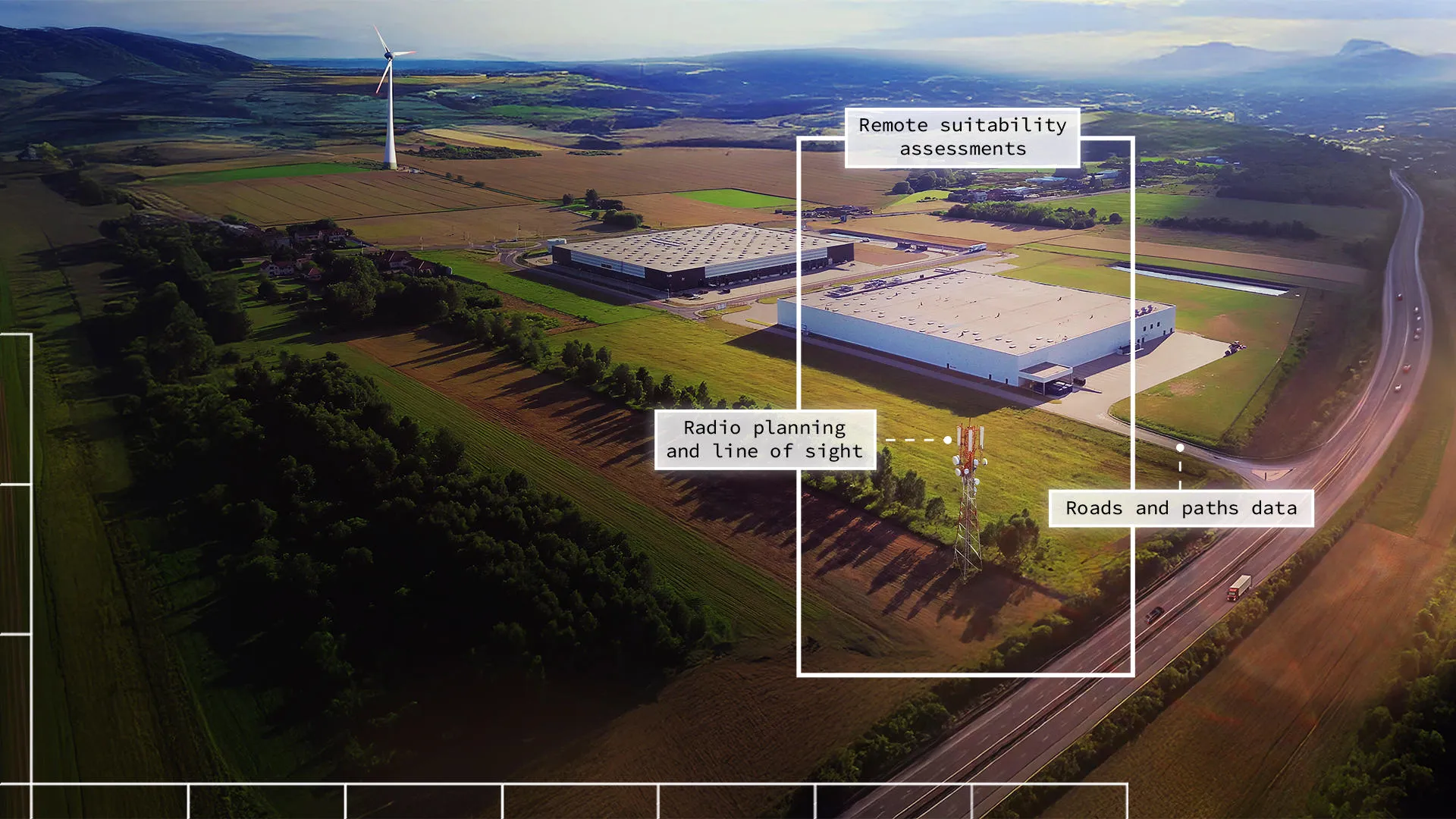 Cell tower site annotated with Roads and paths data, Remote suitability assessments, Radio planning and line of sight