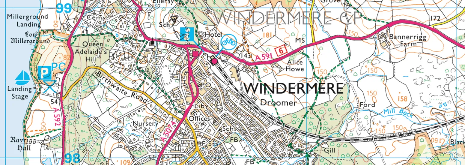 Map of Windemere showing some examples of point, line and polygon data