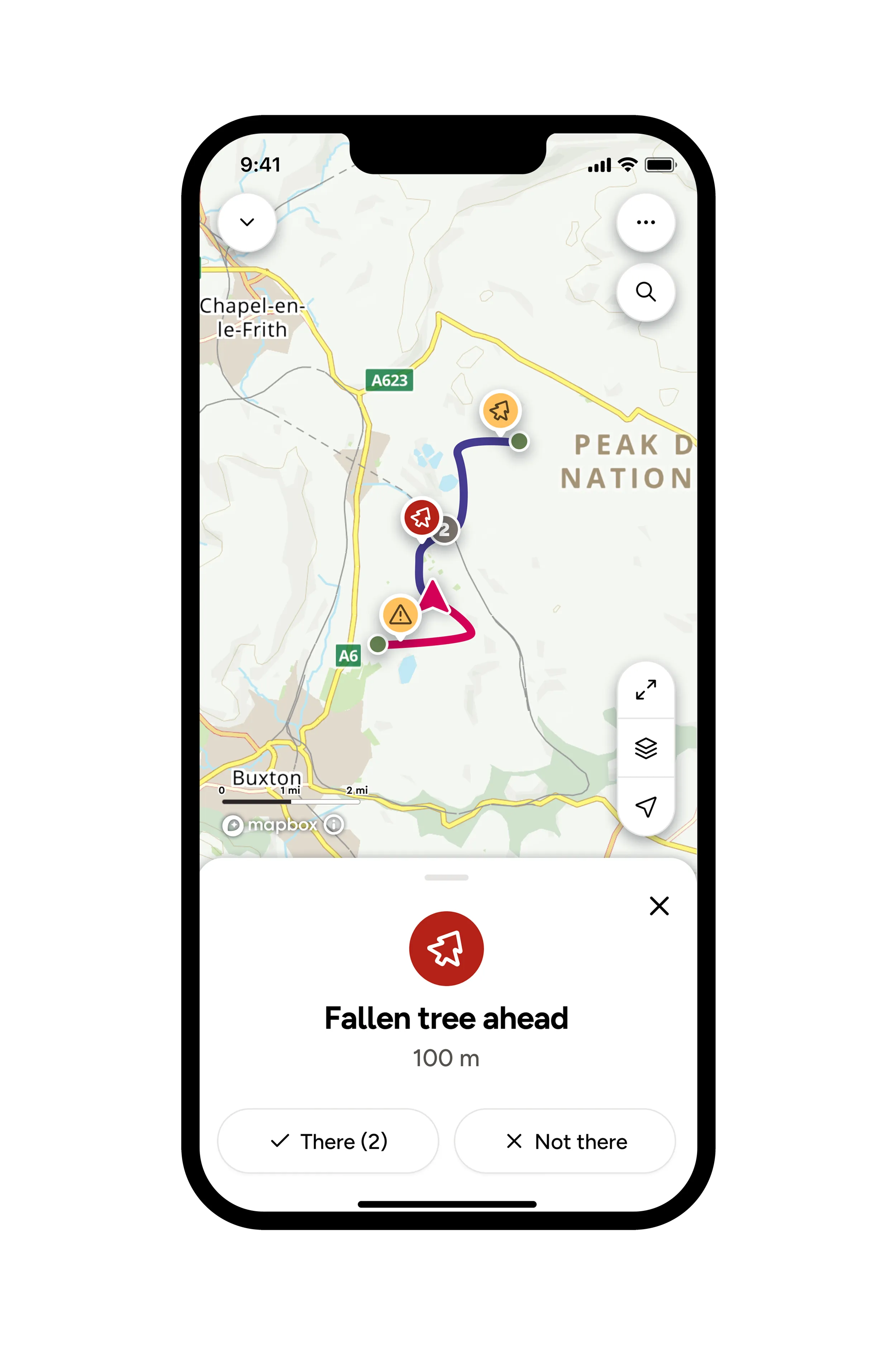 Users following a route can be warned of a hazard up ahead.
