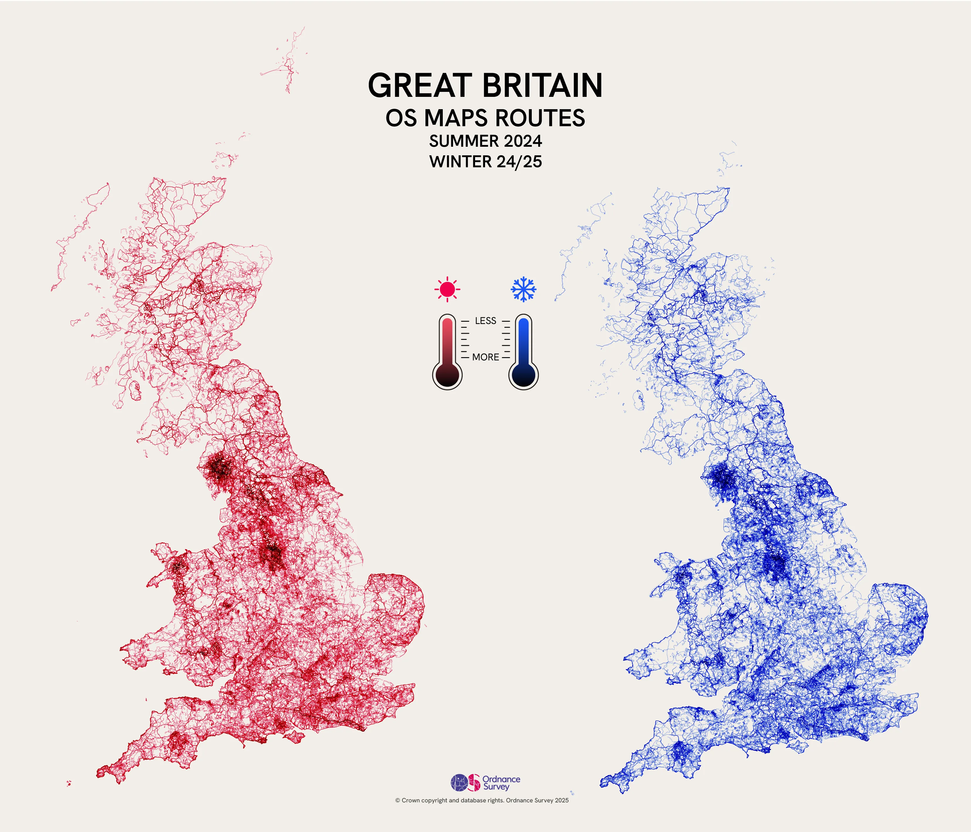 Heat map showing walking routes created in OS Maps comparing summer and winter months.
