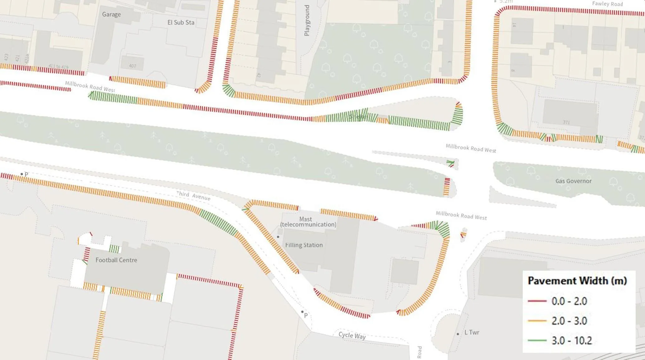 The final output, styled to show widths. Overlapping transects have been removed.